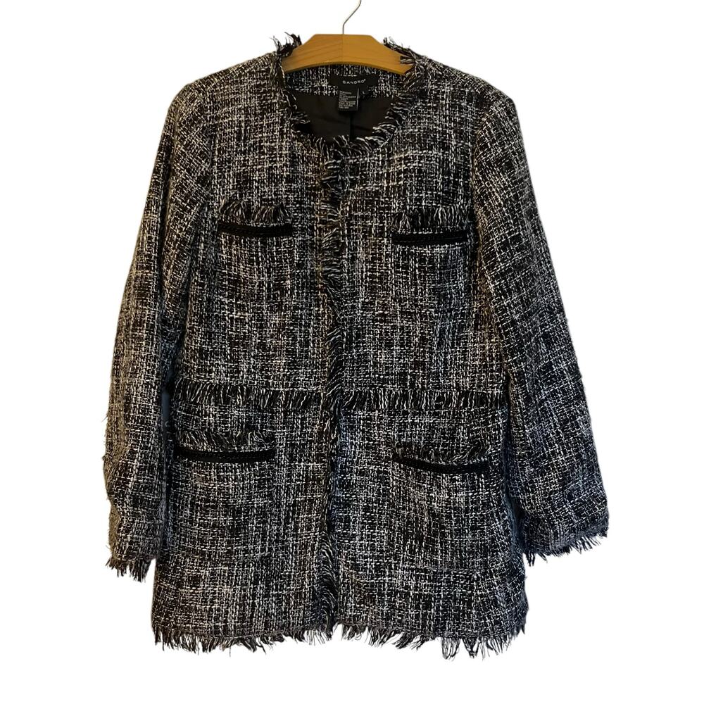 Sandro Tweed Long Jacket Black Boucle Blazer Fringe Collarless Classic Size L